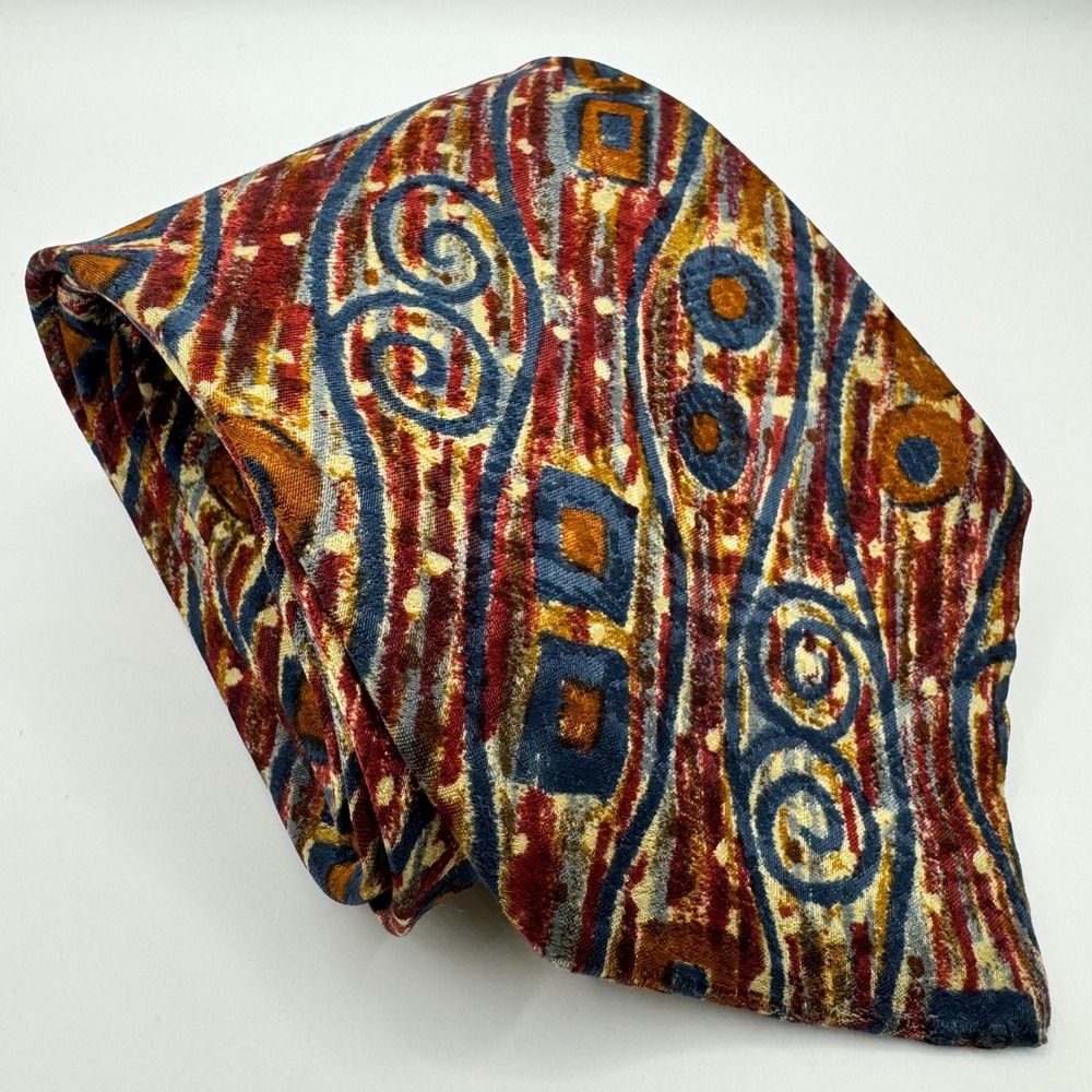 VINTAGE Tino Cosma Italy Mens Silk Necktie Abstract Swirl Tie Burgundy Blue Gold